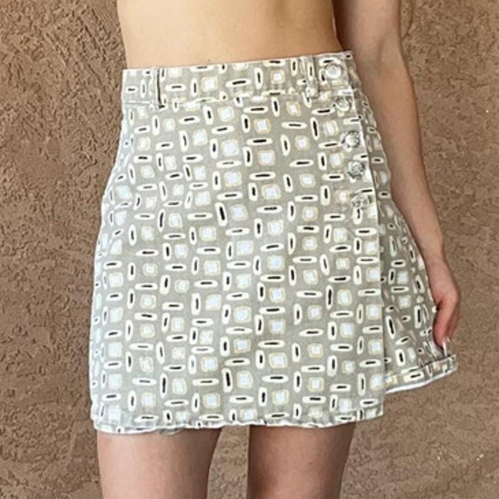 Vintage 90s Geometric Print Skort Wrap Front Silver Buttons  Size Small / Xsmall